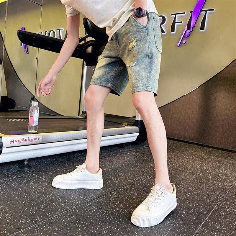 破洞牛仔短裤男潮牌夏季原宿风ins休闲帅气韩版宽松阔腿五分裤子