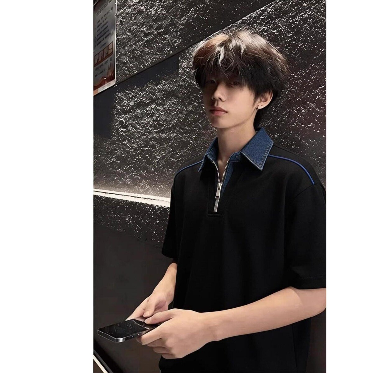 美式假两件短袖POLO衫男款夏季少年感牛仔翻领T恤痞帅休闲五分袖