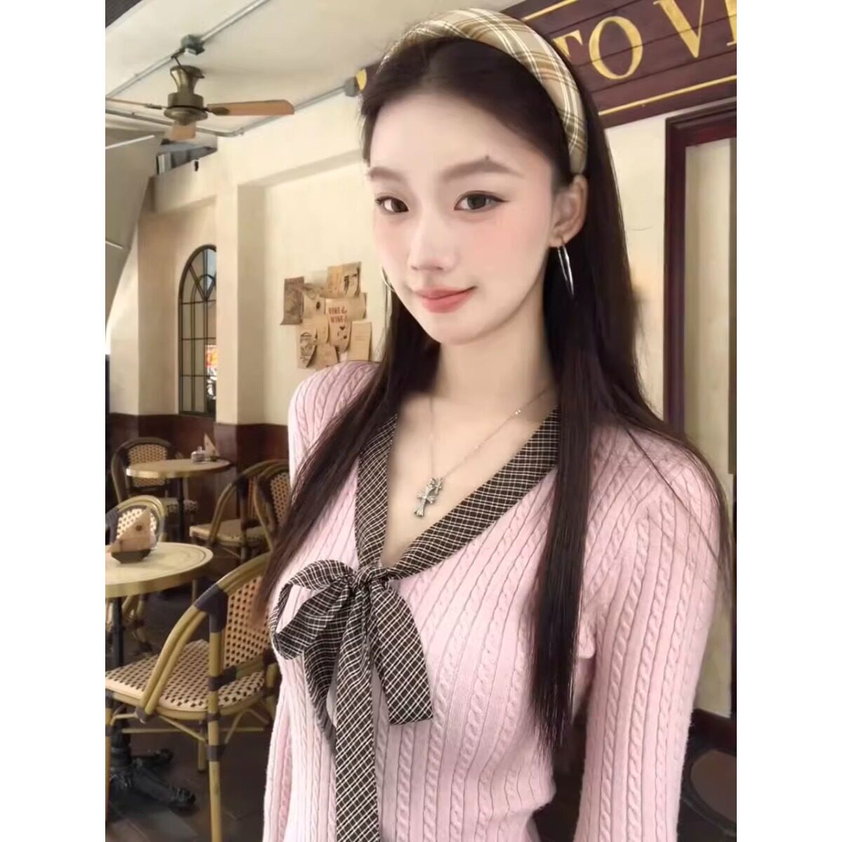 包芯纱洗水韩系粉色条纹格纹绑带长袖针织衫女秋冬弹力打底上