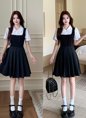 月朵依大码女装~夏季新款假两件连衣裙裙女学院风短袖百褶裙