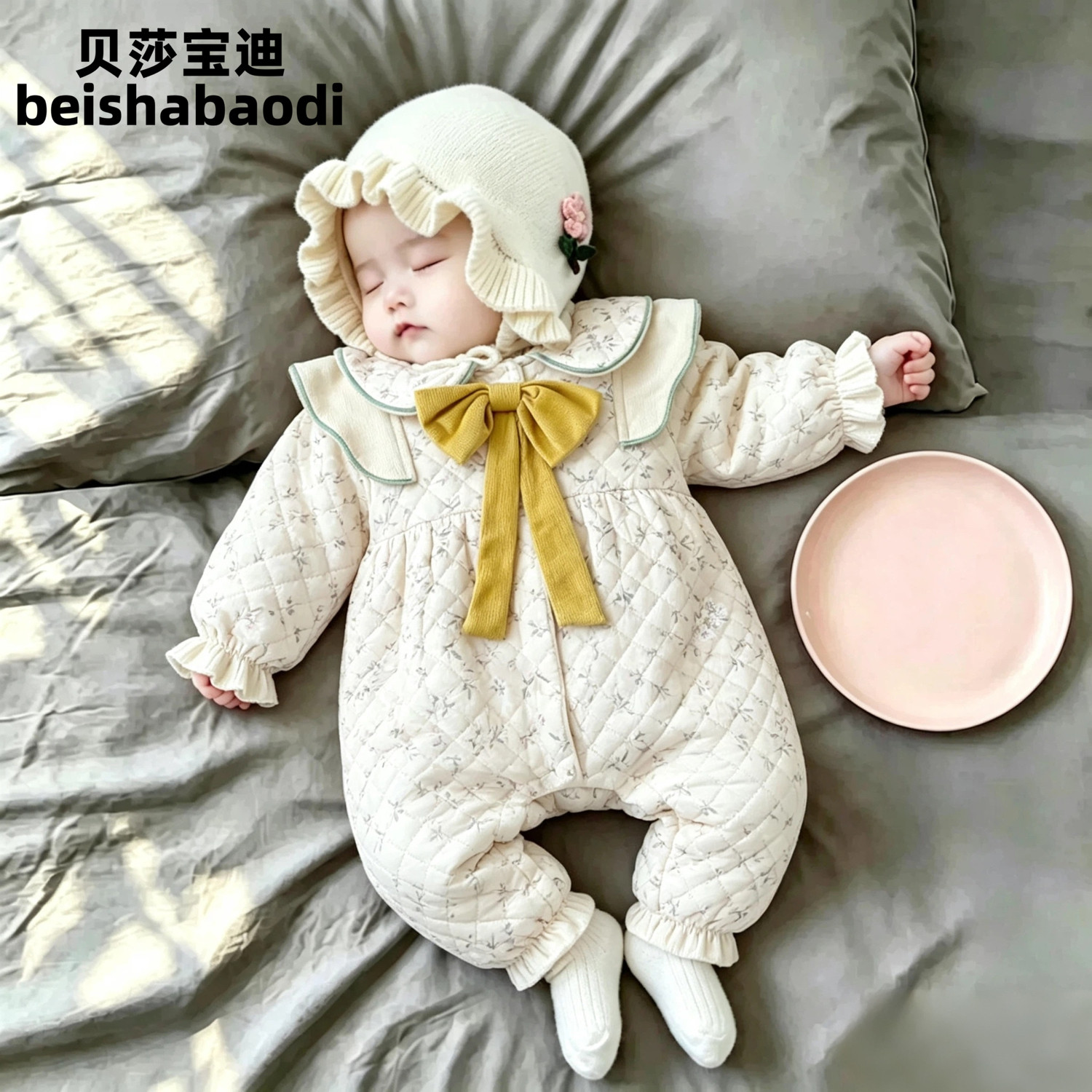 英国婴儿冬季夹棉碎花加绒连体衣新生儿外出服可爱女宝宝保暖哈衣
