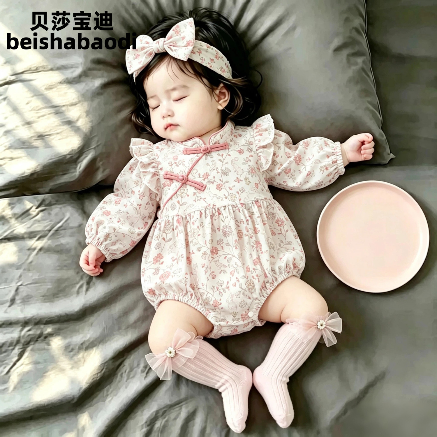 英国婴儿包屁衣满月碎花旗袍哈衣新生儿百天连体衣春秋女宝宝爬服