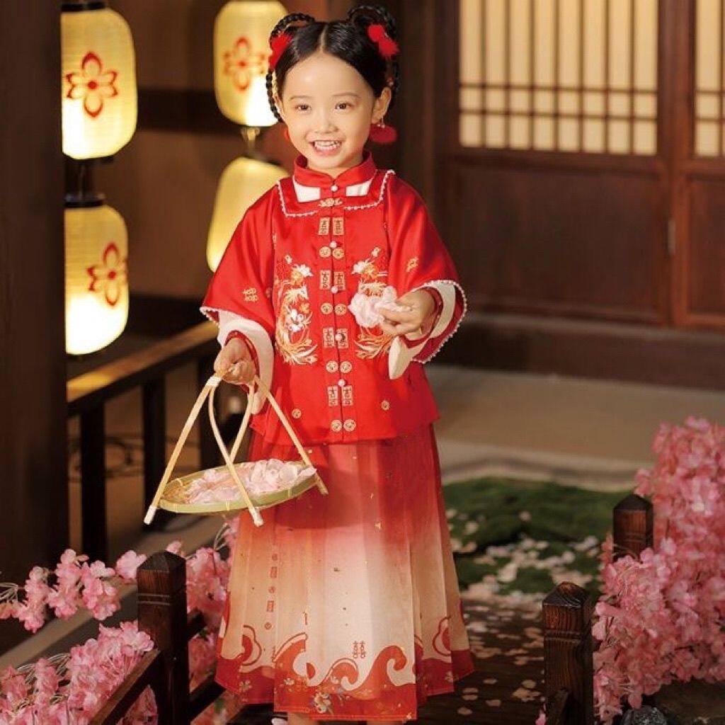 西子问汉服女童三件套裙子古装红色套装