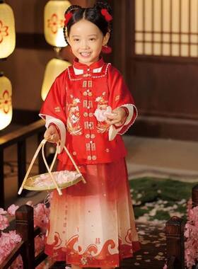 西子问汉服女童三件套裙子古装红色套装