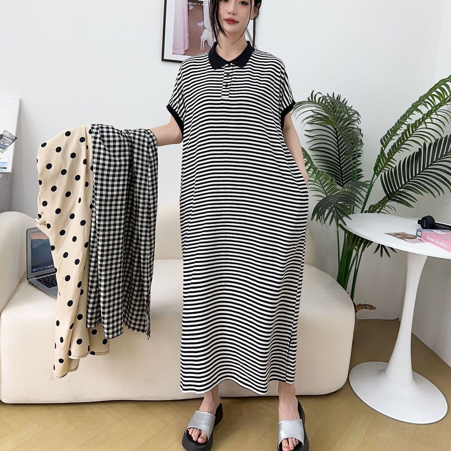 棉绸连衣裙女夏季新款宽松人造棉口袋减龄高级感开叉短袖长裙子薄