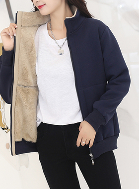 羊羔毛外套女秋冬季宽松保暖拉链不带帽开衫上衣纯色加绒加厚卫衣