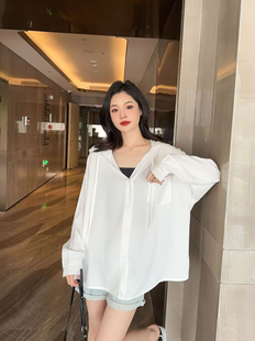 棉绸连帽防晒衬衫女夏季新款宽松显瘦百搭上衣人造棉薄款长袖衬衣