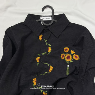 STRAPPING向阳花刺绣华夫格INS长袖 男女日系复古港风潮流街头 衬衫