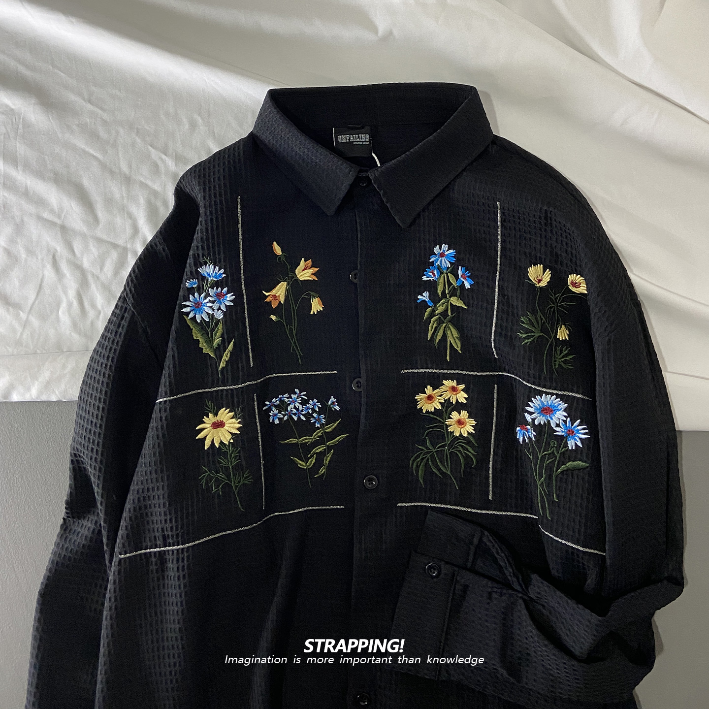 STRAPPING花卉植物刺绣华夫格长袖衬衫男女日系复古港风潮流街头