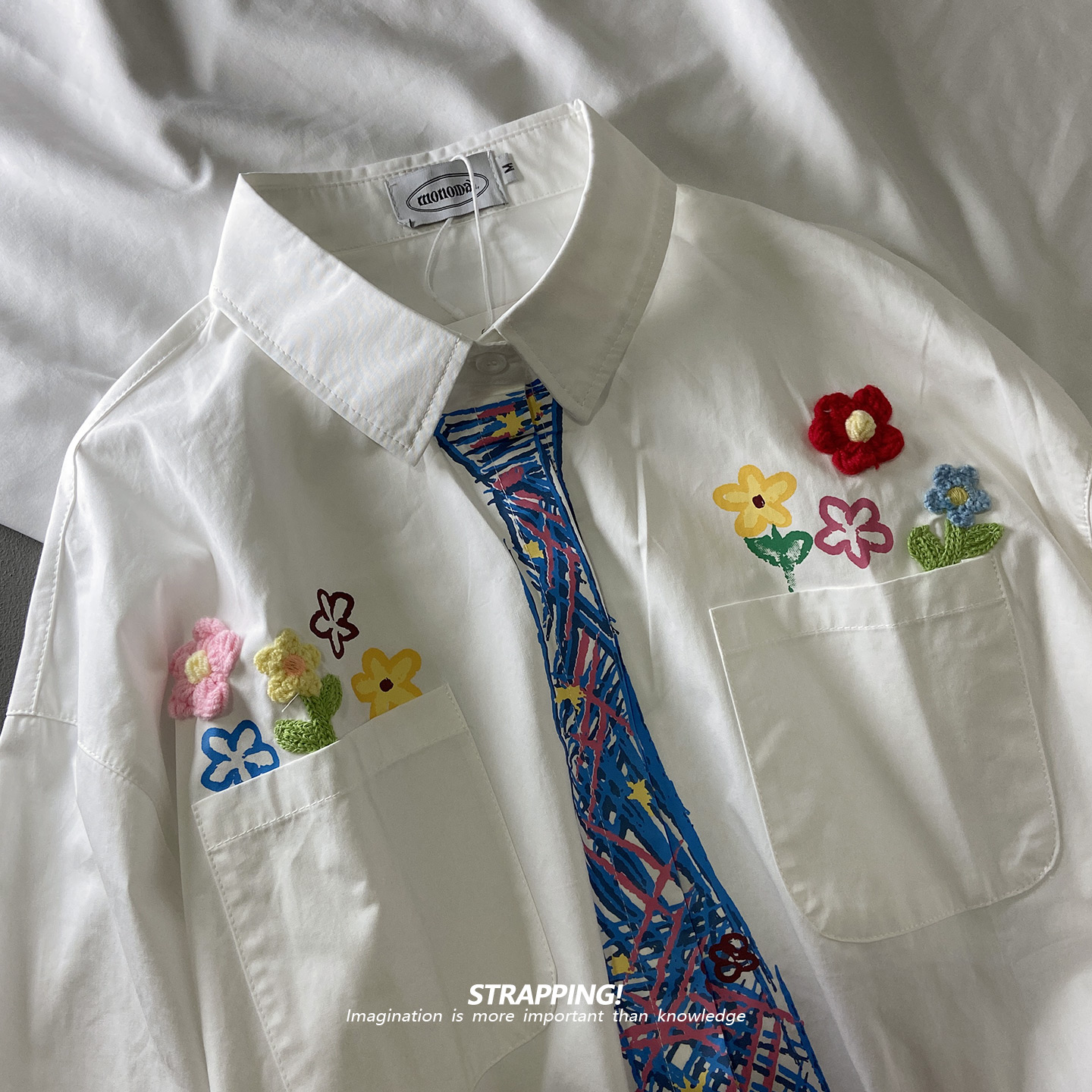 STRAPPING涂鸦花朵假领带恶搞长袖全棉衬衫日系复古男女痞帅港风