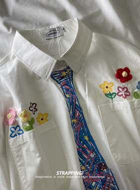 STRAPPING涂鸦花朵假领带恶搞长袖全棉衬衫日系复古男女痞帅港风