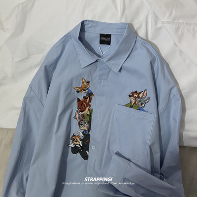 STRAPPING疯狂动物城刺绣卡通全棉复古长袖衬衫港风日系男女痞帅