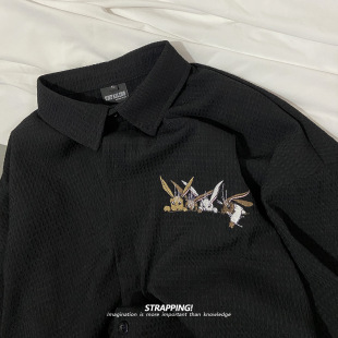 STRAPPING小兔子搞怪刺绣涤纶短袖衬衫日系复古男女INS宽松潮流