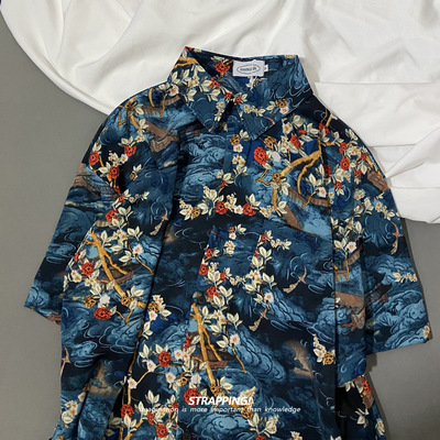 STRAPPING和风浮世绘印象碎花短袖花衬衫男女夏威夷泰国复古日系