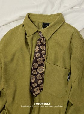 STRAPPING橄榄绿领带纯色灯芯绒复古长袖衬衫港风日系男女痞帅秋