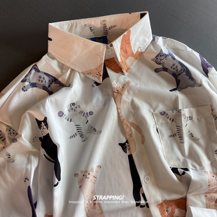 STRAPPING猫咪日式卡通长袖花衬衫港风复古日系男女痞帅秋潮牌#OS