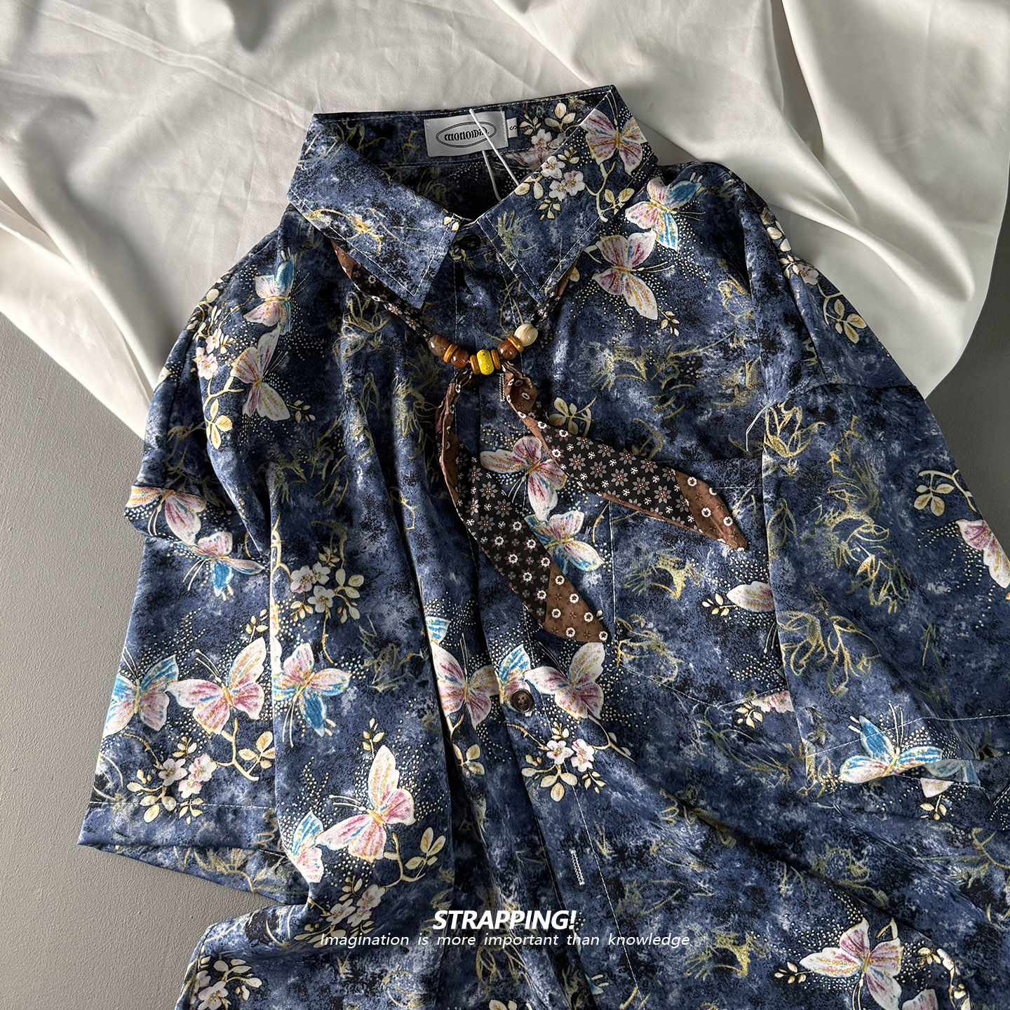 STRAPPING古典线描蝴蝶蓝碎花短袖花衬衫男女夏威夷泰国复古日系