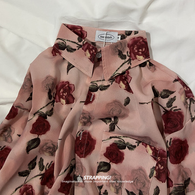 STRAPPING玫瑰粉印象花卉碎花短袖花衬衫男女夏威夷泰国复古日系