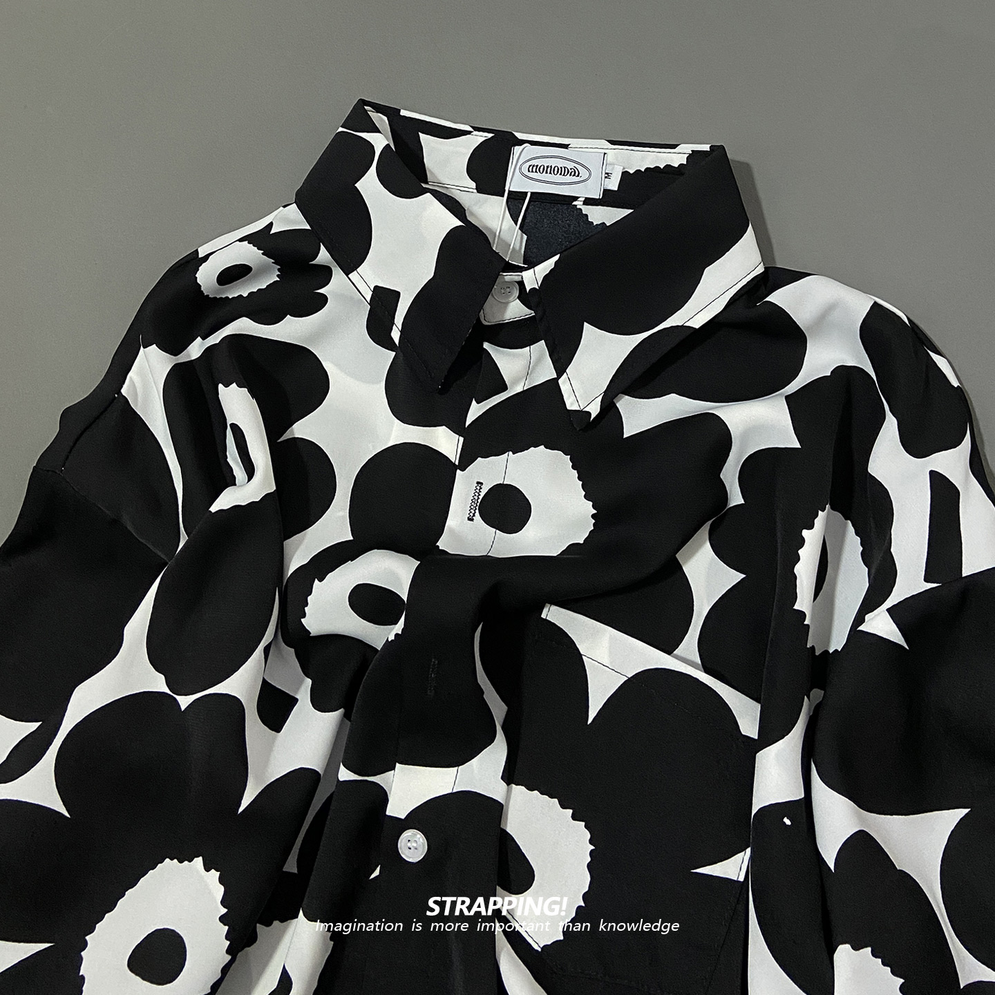 STRAPPING黑白大雏菊抽象碎花短袖花衬衫男女夏威夷泰国复古日系