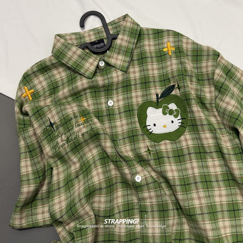 STRAPPING hello Kitty卡通格子短袖衬衫男女日系复古港风潮流