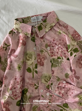 STRAPPING粉色印象植物碎花长袖花衬衫港风复古日系男女痞帅春秋