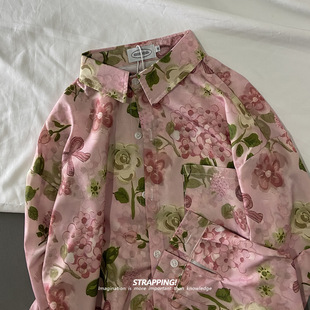 STRAPPING粉色印象植物碎花长袖花衬衫港风复古日系男女痞帅春秋