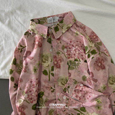 STRAPPING粉色印象植物碎花长袖花衬衫港风复古日系男女痞帅春秋