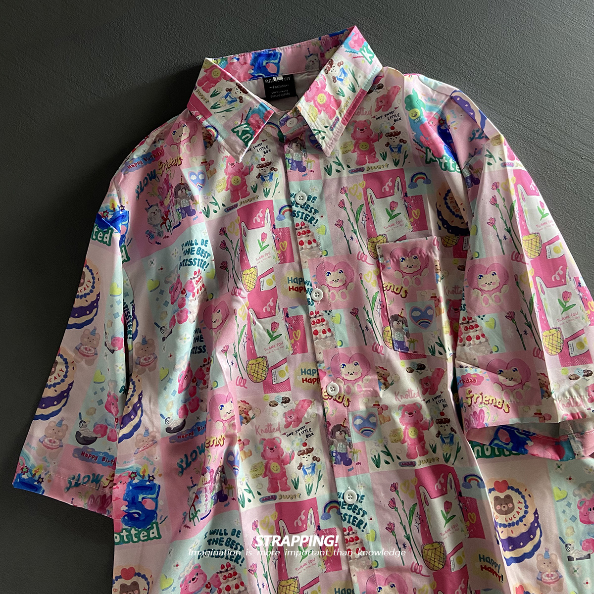 STRAPPING美式涂鸦小熊复古短袖花衬衫男女夏威夷日系泰国沙滩