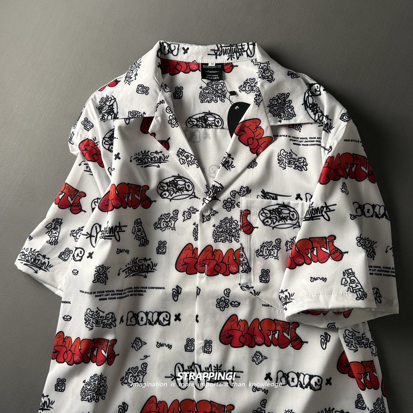 STRAPPING嘻哈字母涂鸦白底古巴领短袖花衬衫男女复古夏威夷日系