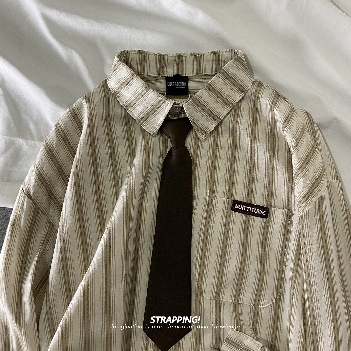 STRAPPING美式竖条纹领带棉质长袖衬衫日系复古男女INS宽松文艺