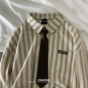 STRAPPING美式竖条纹领带棉质长袖衬衫日系复古男女INS宽松文艺