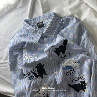 STRAPPING淘气猫咪波点格纹INS长袖 男女日系复古港风潮流街头 衬衫