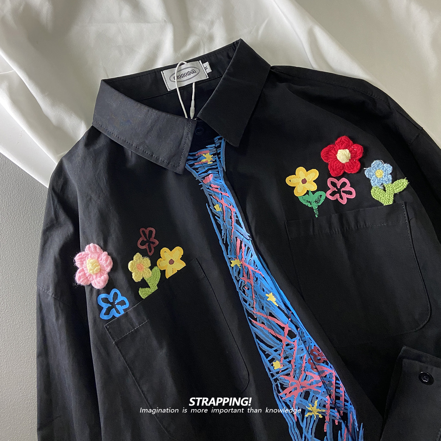 STRAPPING涂鸦花朵假领带恶搞长袖全棉衬衫日系复古男女痞帅港风