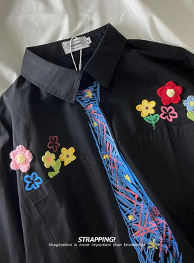 STRAPPING涂鸦花朵假领带恶搞长袖全棉衬衫日系复古男女痞帅港风