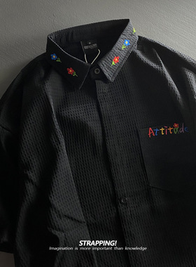 STRAPPING童趣刺绣美式华夫格短袖衬衫男女日系复古港风嘻哈街头