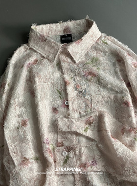 STRAPPING印象花卉提花勾线长袖花衬衫韩版复古日系男女春秋