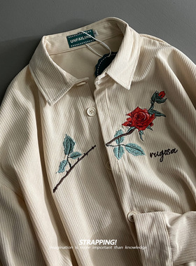STRAPPING玫瑰花刺绣灯芯绒复古长袖衬衫港风日系男女痞帅春秋