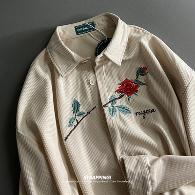 STRAPPING玫瑰花刺绣灯芯绒复古长袖衬衫港风日系男女痞帅春秋