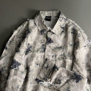 STRAPPING灰色印象蝴蝶碎花提花勾线长袖 复古日系男女春秋 花衬衫