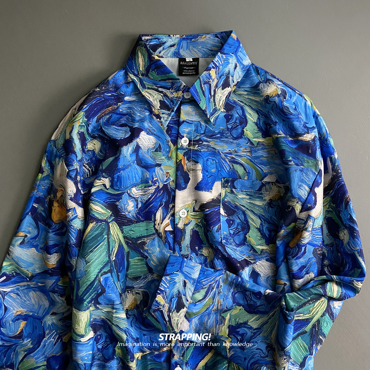 STRAPPING宝蓝抽象油画碎花长袖衬衫港风复古日系男女痞帅春秋