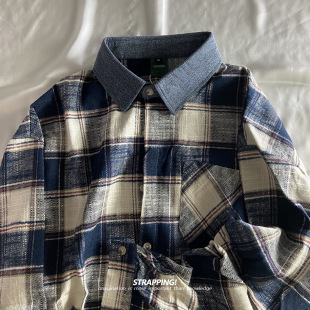 STRAPPING拼接领大格子全棉长袖 港风复古日系男女痞帅春秋INS 衬衫