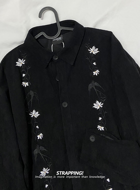 STRAPPING燕子田园绣花涤纶长袖衬衫男女日系复古港风潮流街头