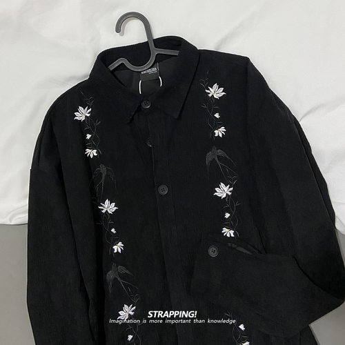 STRAPPING燕子田园绣花涤纶长袖衬衫男女日系复古港风潮流街头