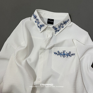 STRAPPING刺绣花边涤纶美式绣花短袖衬衫日系复古男女INS宽松文艺