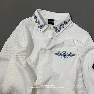 STRAPPING刺绣花边涤纶美式绣花短袖衬衫日系复古男女INS宽松文艺