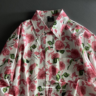 STRAPPING白底粉红花卉碎花长袖花衬衫港风复古日系男女痞帅秋季