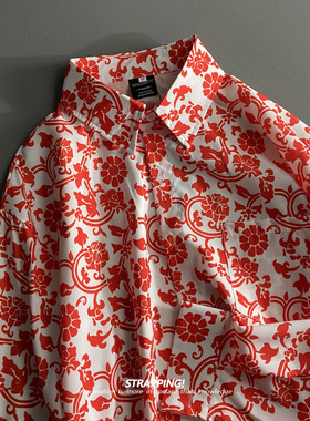 STRAPPING剪纸新春红色碎花长袖花衬衫港风复古日系男女新年春秋