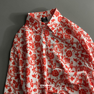 STRAPPING剪纸新春红色碎花长袖花衬衫港风复古日系男女新年春秋