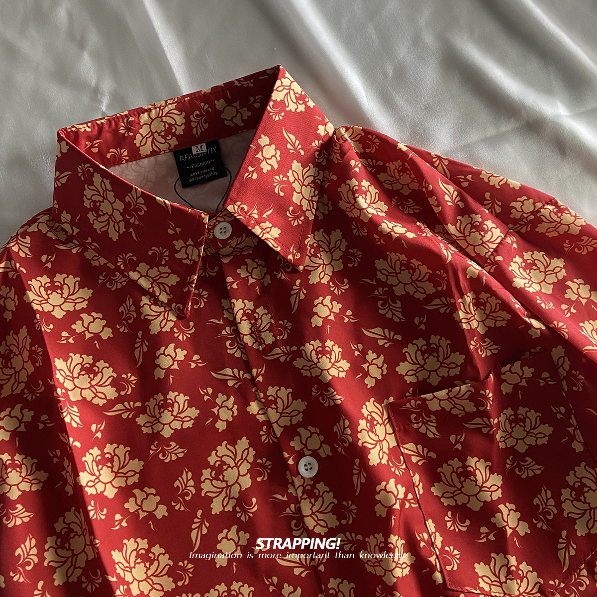 中国红田园碎花长袖花衬衫