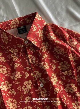 STRAPPING中国红田园碎花长袖花衬衫港风复古日系男女新年春秋